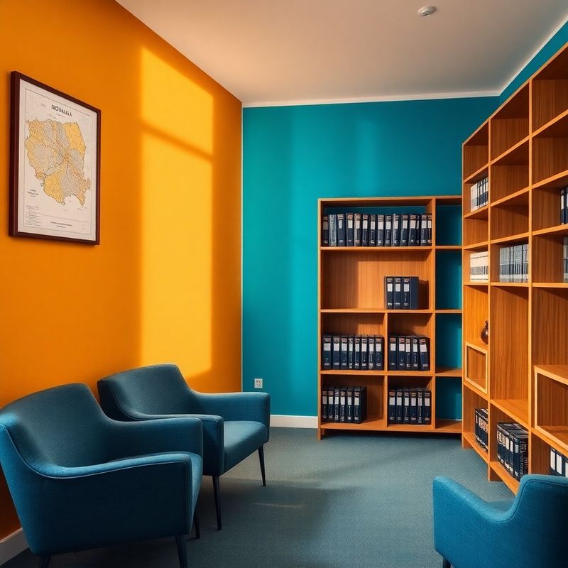 Birou boutique de consultanță, rafturi cu dosare juridice și accente azur