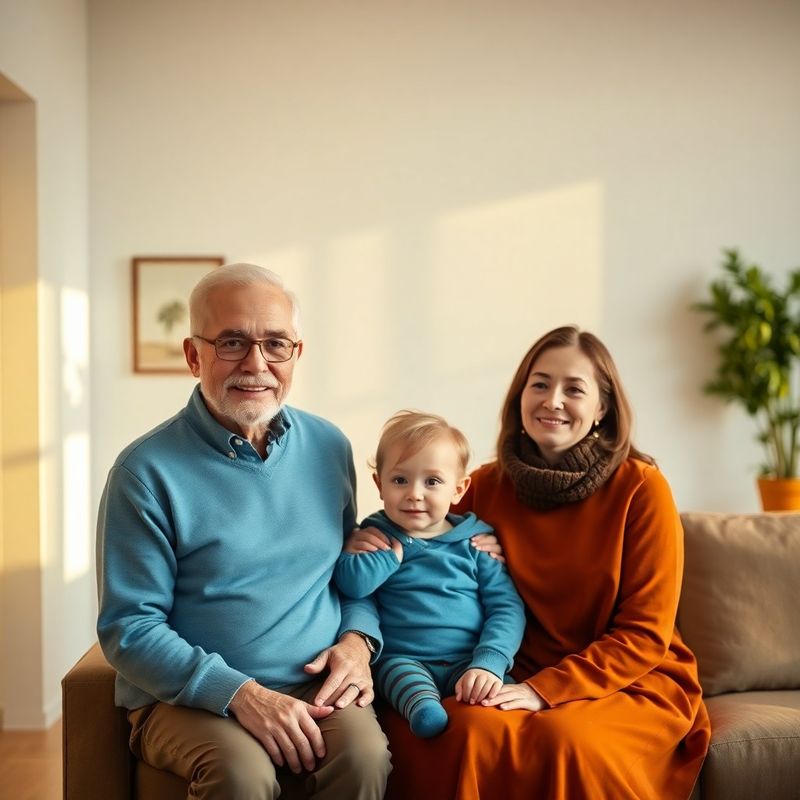 Trei generații ale unei familii într-un interior luminos, cu accente azur