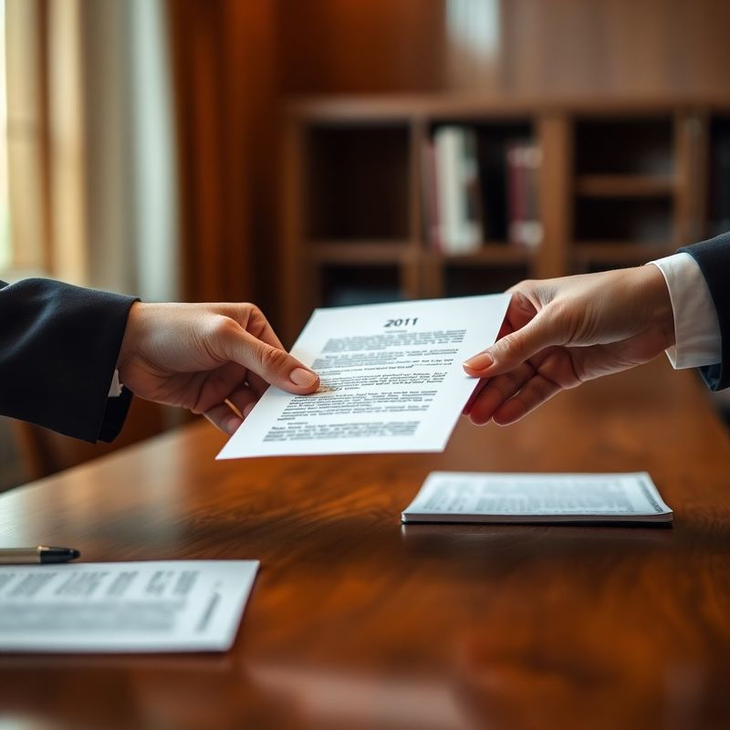 Prim-plan cu două mâini schimbând un document juridic sigilat pe un birou de nuc